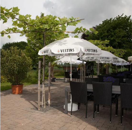 Biergarten mit Tischen und Sonnenschirmen